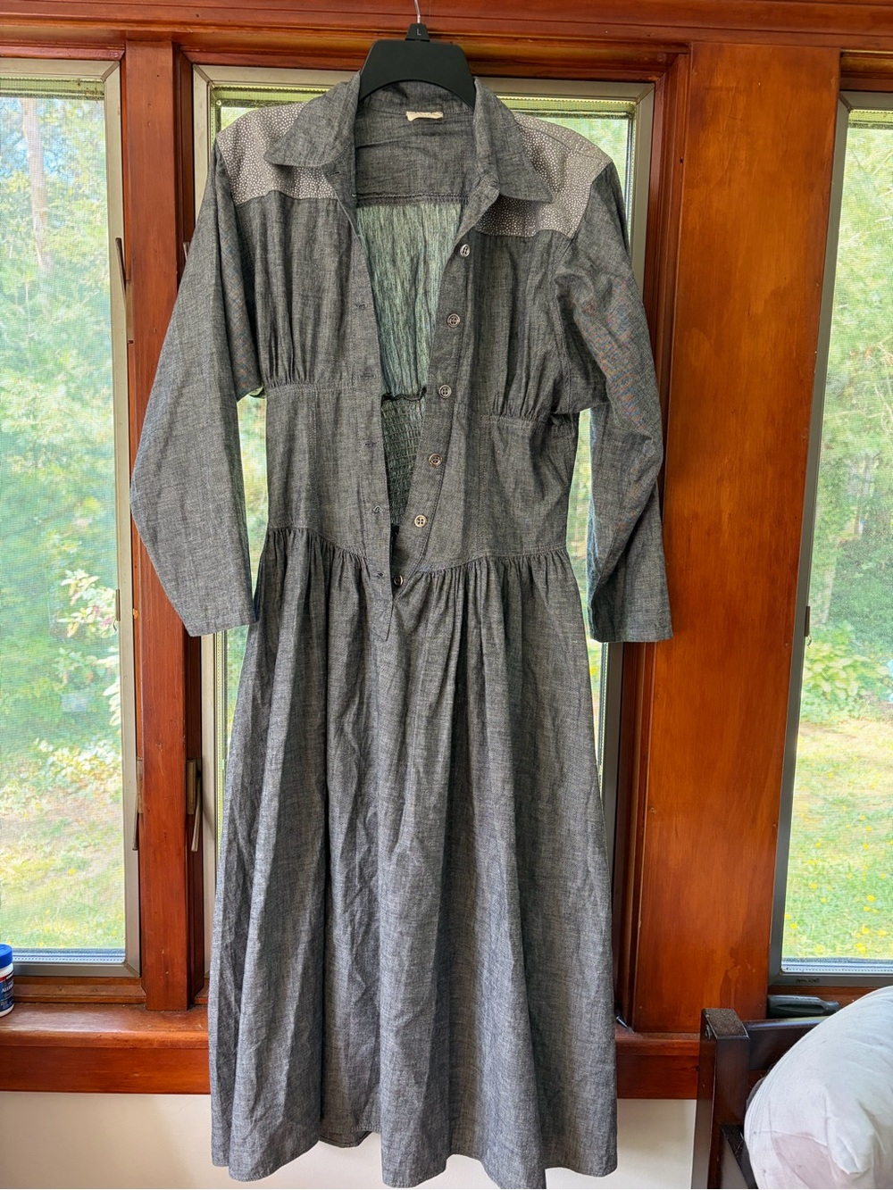 Vintage Gathered Waist Long-Sleeve Maxi Dress in Gray